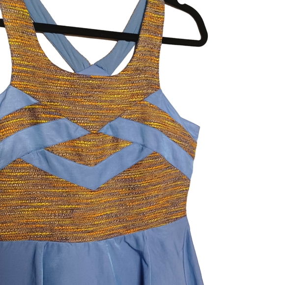 WISH Periwinkle Blue Yellow Orange Tweed Embroidered Sleeveless A-Line Dress - Picture 5 of 7